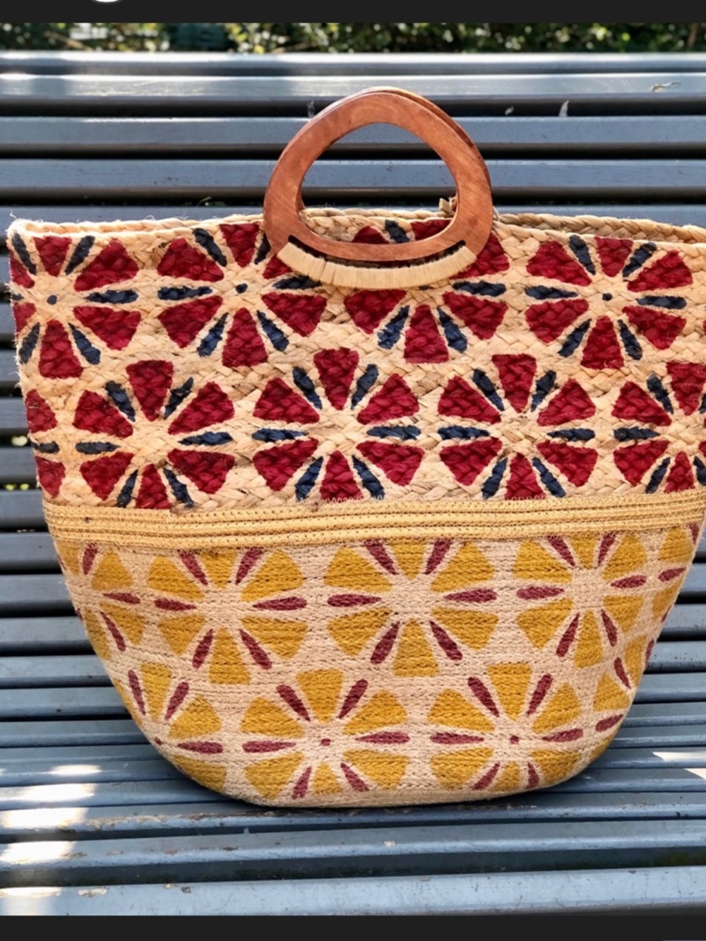 Anthropologie Antik Kraft Handwoven Floral Straw Raffia Jute Tote India